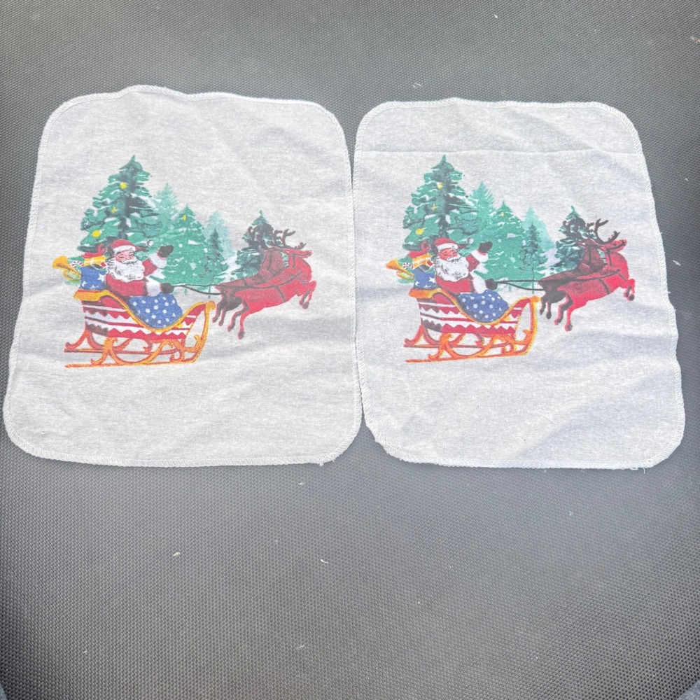 Vintage Santa Claus Sleigh Reindeer Christmas Cloth Napkins Set of‎ 2 Grey 12x10
